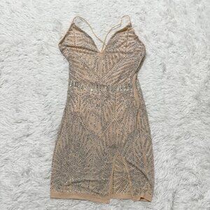 Women Akira Rhinestone Bodycon Mini Dress With Front Split in Nude Size Medium
